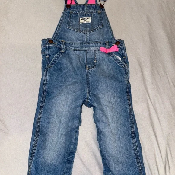 OshKosh B'gosh Girls' Blue Denim Overalls with Pink Bow Accent - Picture 1 of 5